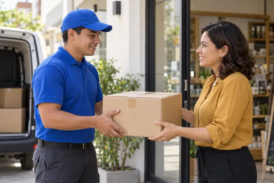 Un proveedor entrega un paquete a una pequeña empresa